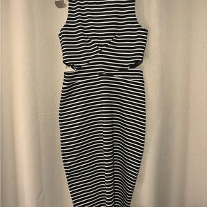 Striped Black and White Fitted Midi Dress with Waist Cutouts